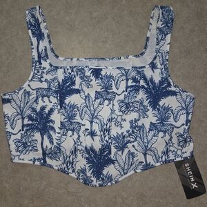 Shein Blue and White Floral Corset Crop Top NWT